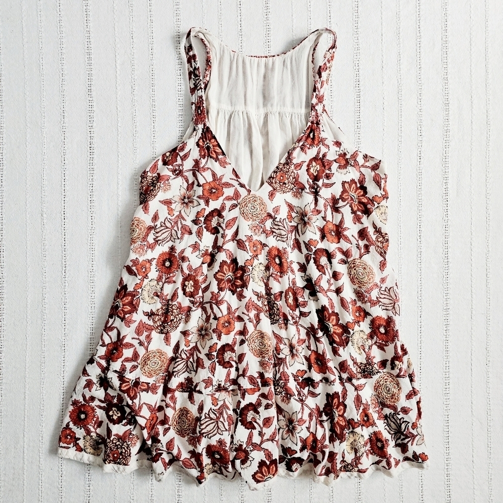 Free People Oh Baby Floral Mini Dress Swing Fully Lined White Cotton Smocked XS - Picture 11 of 16